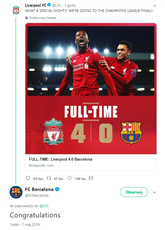 Barcelona GRATULUJE Liverpoolowi awansu